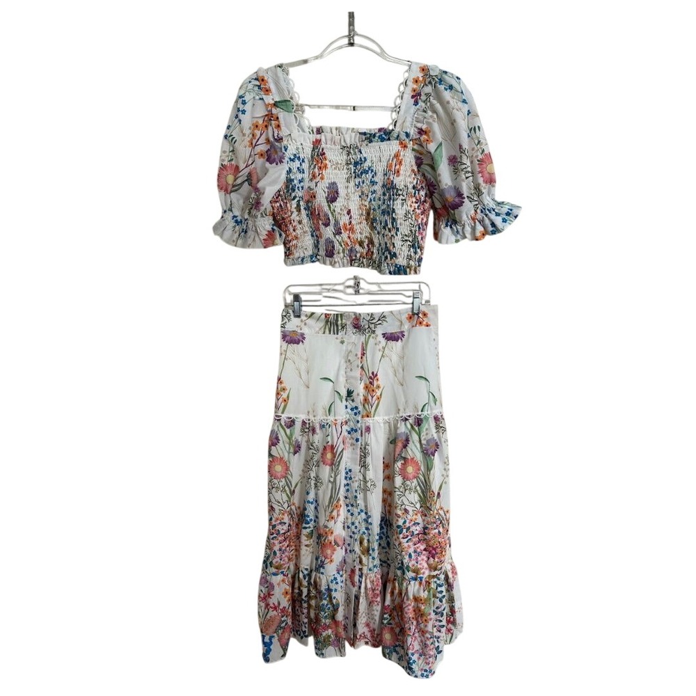 Beulah Style 2 Piece Floral Crop Top Tiered Skirt Set M